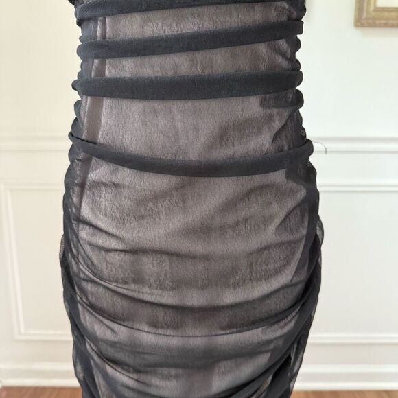 NWOT Lulus V.I.P. Treatment Black and Beige Mesh Ruched Bodycon Midi Dress S - Picture 3 of 7